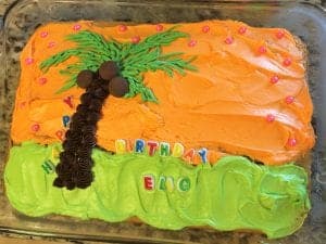 Chicka Chicka Boom Boom cake with orange and green icing.