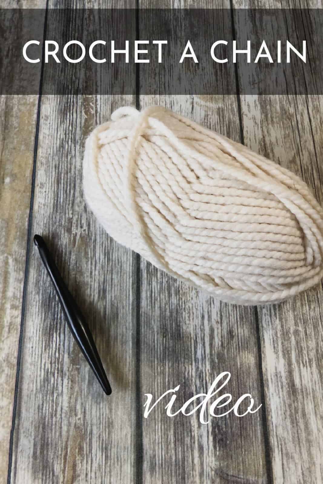 Pin image of yarn and hook with text crochet chain.