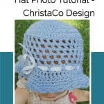 picture of pin image of crochet toddler sun hat in blue with free crochet pattern text