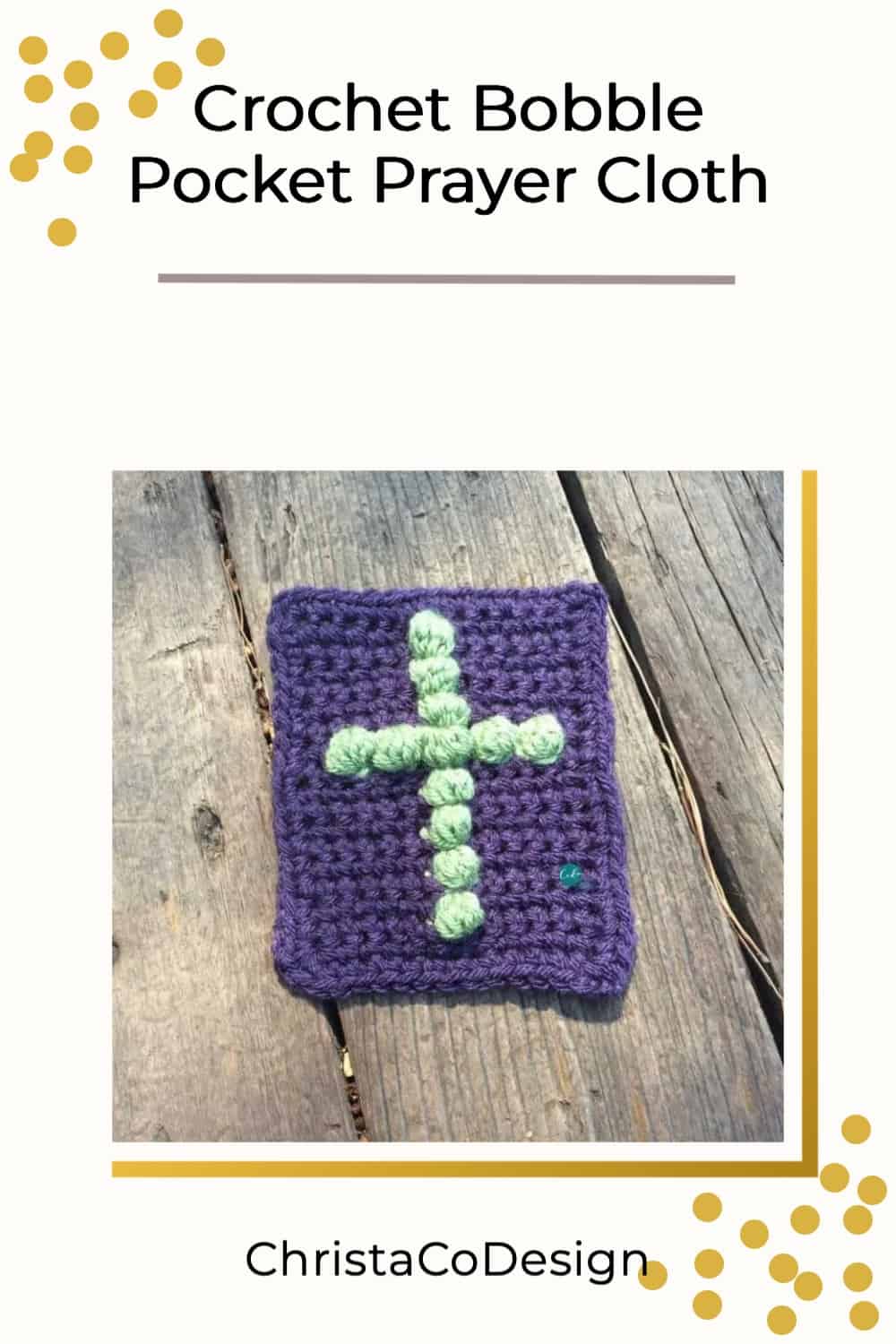 Purple rectangle with green crochet cross in bobbles.