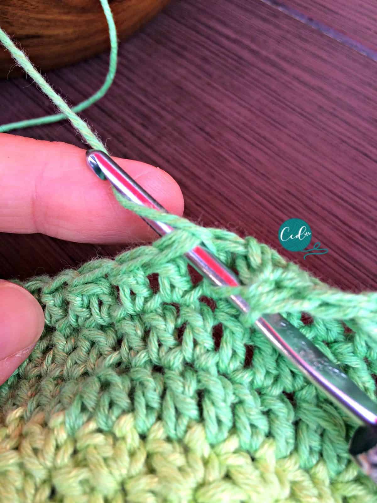Insert hook in stitch to double crochet two together.
