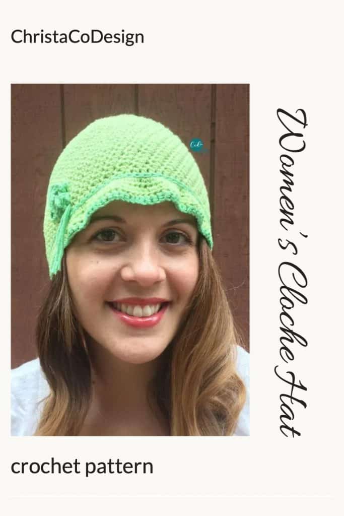 Pin image of woman in green crochet cloche style hat.