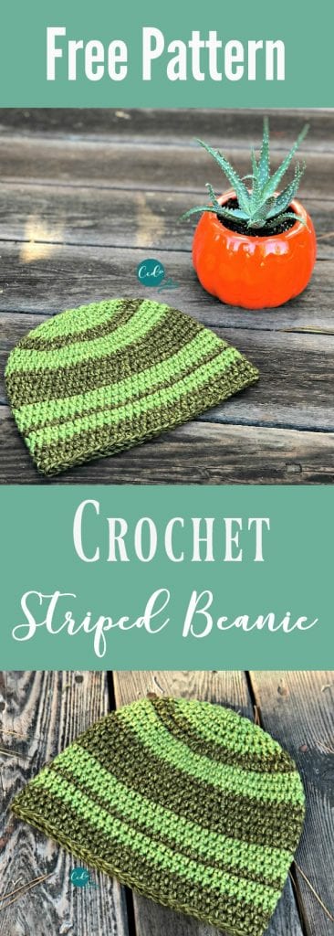 picture of striped crochet hat in greens with text free crochet pattern