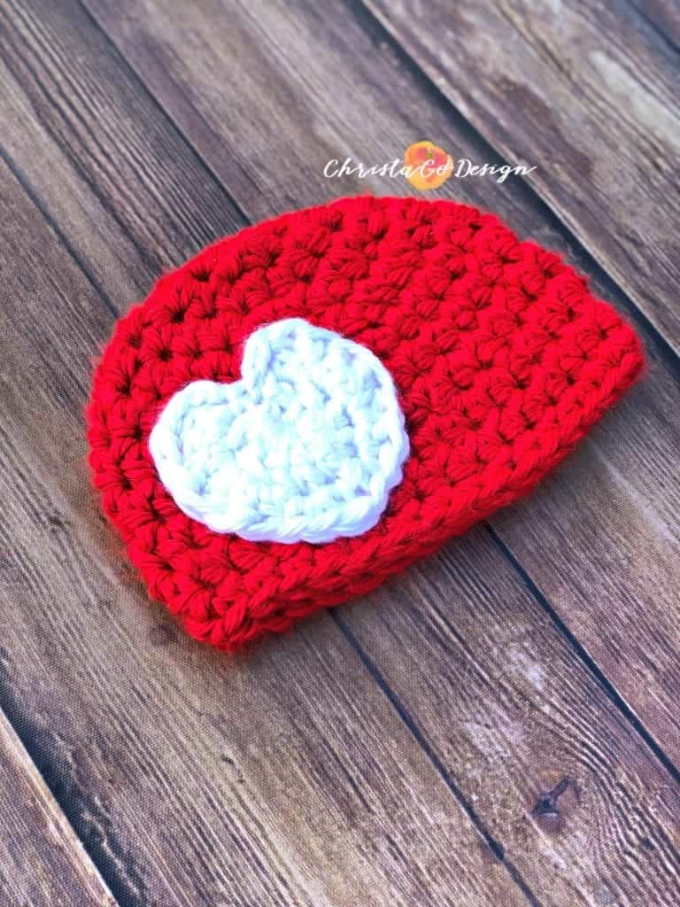 baby hat, sizes newborn to 12 months, red hat, white heart applique