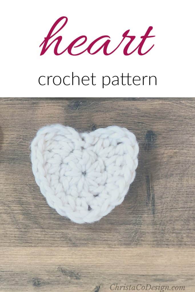 Pin image of white crochet heart pattern with text.