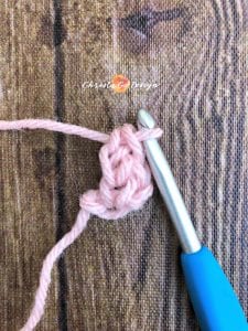yarn bowl, pink yarn on crochet hook, fsc