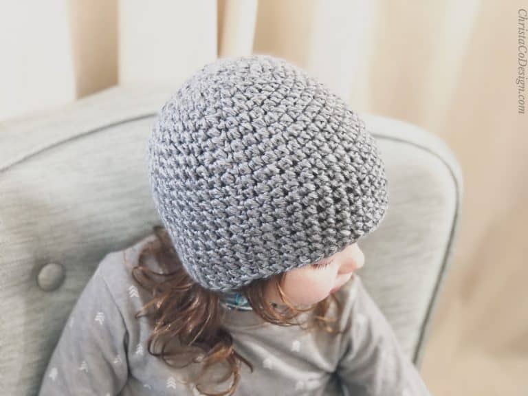picture of textured grey crochet beanie modeled