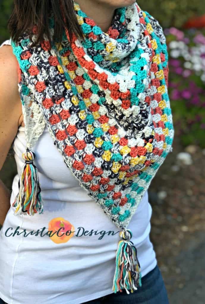 picture of woman wearing crochet triangle scarf
