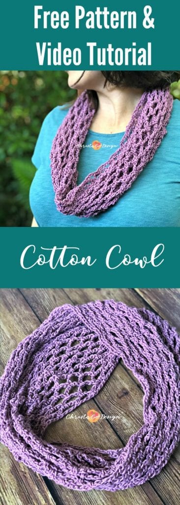 picture of pin image with text crochet cowl free pattern + video tutorial