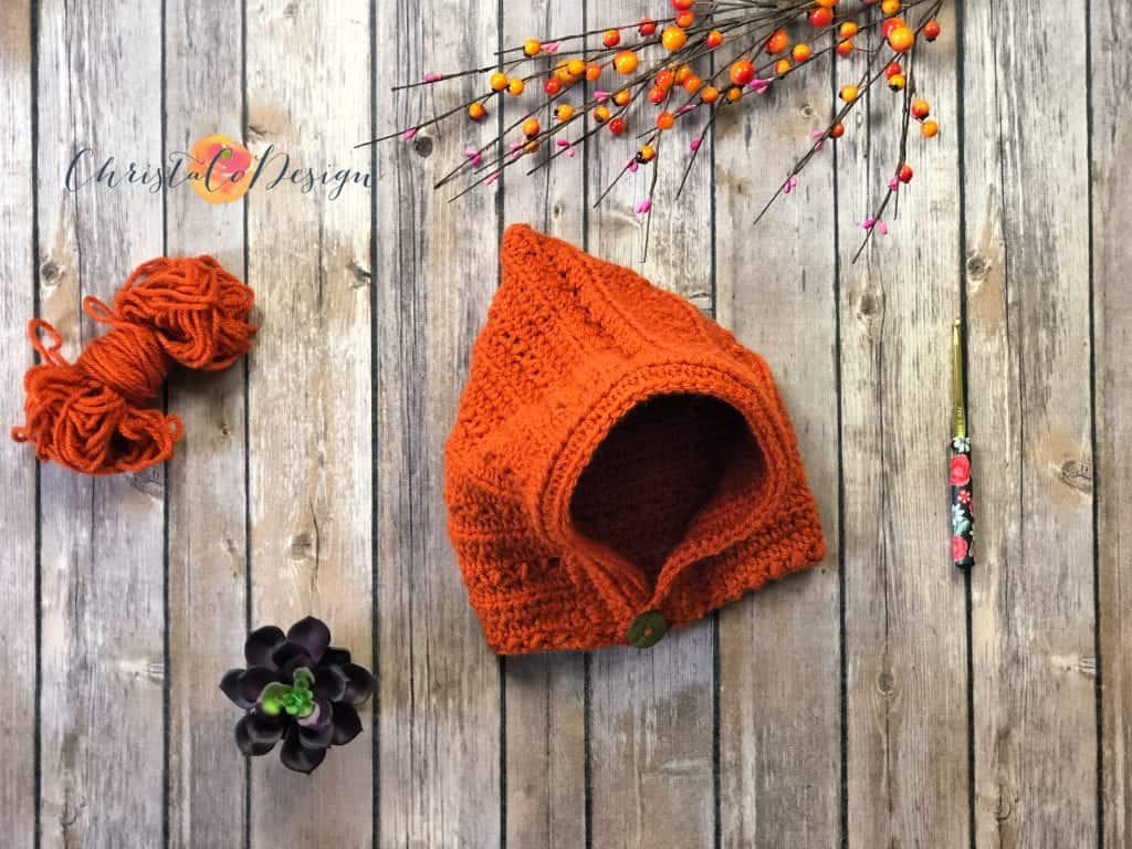 picture of crochet pixie hat in rust color