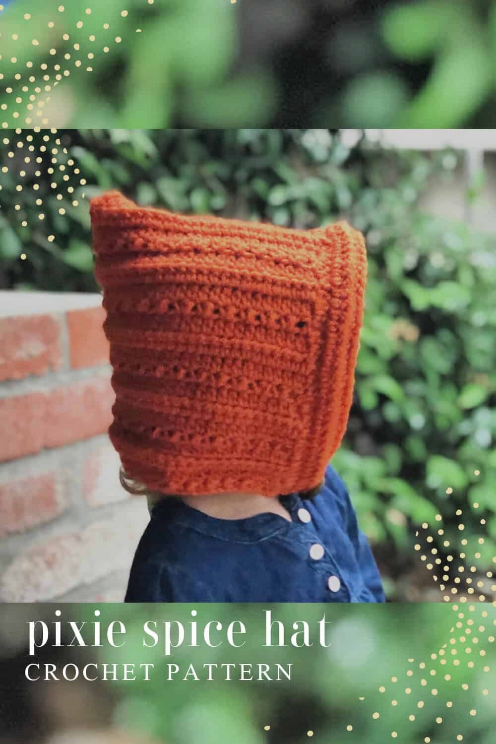 Pin image of girl turned to side in burnt orange crochet pixie hat.