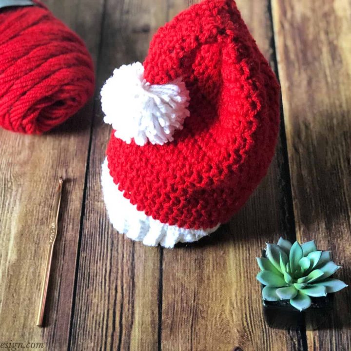 Red crochet Santa hat with white yarn Pom Pom curled over next to succulent and red yarn.