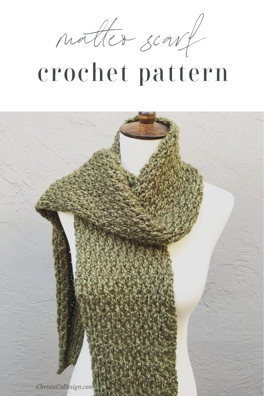 Pin image of crochet scarf in green.