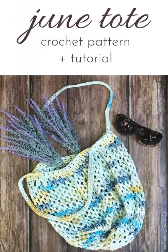 June Tote crochet pattern and tutorial blue and yellow mesh bag on wood.