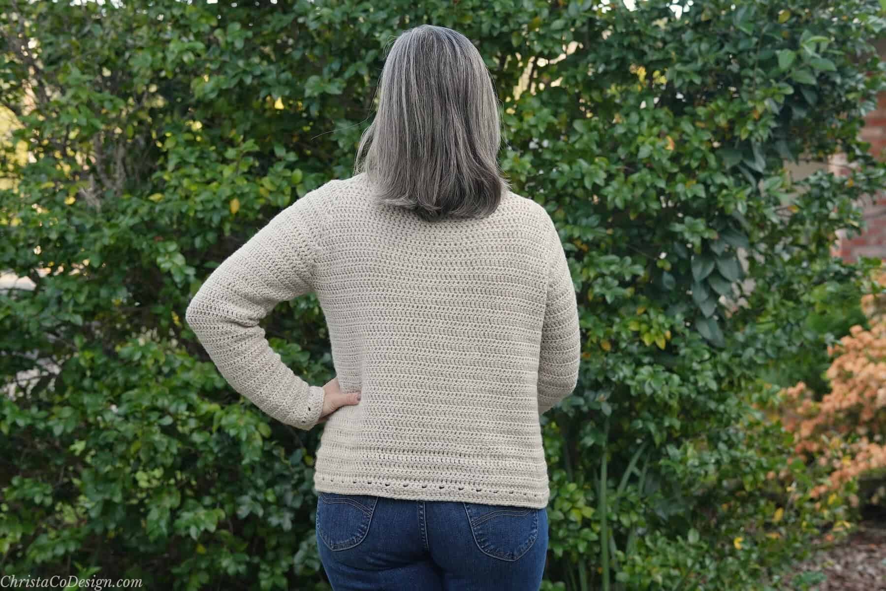 Back view of crochet cardigan eyelet detail on trim.