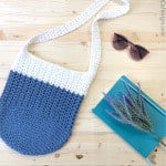 Crochet bag with book, lavender and glass.
