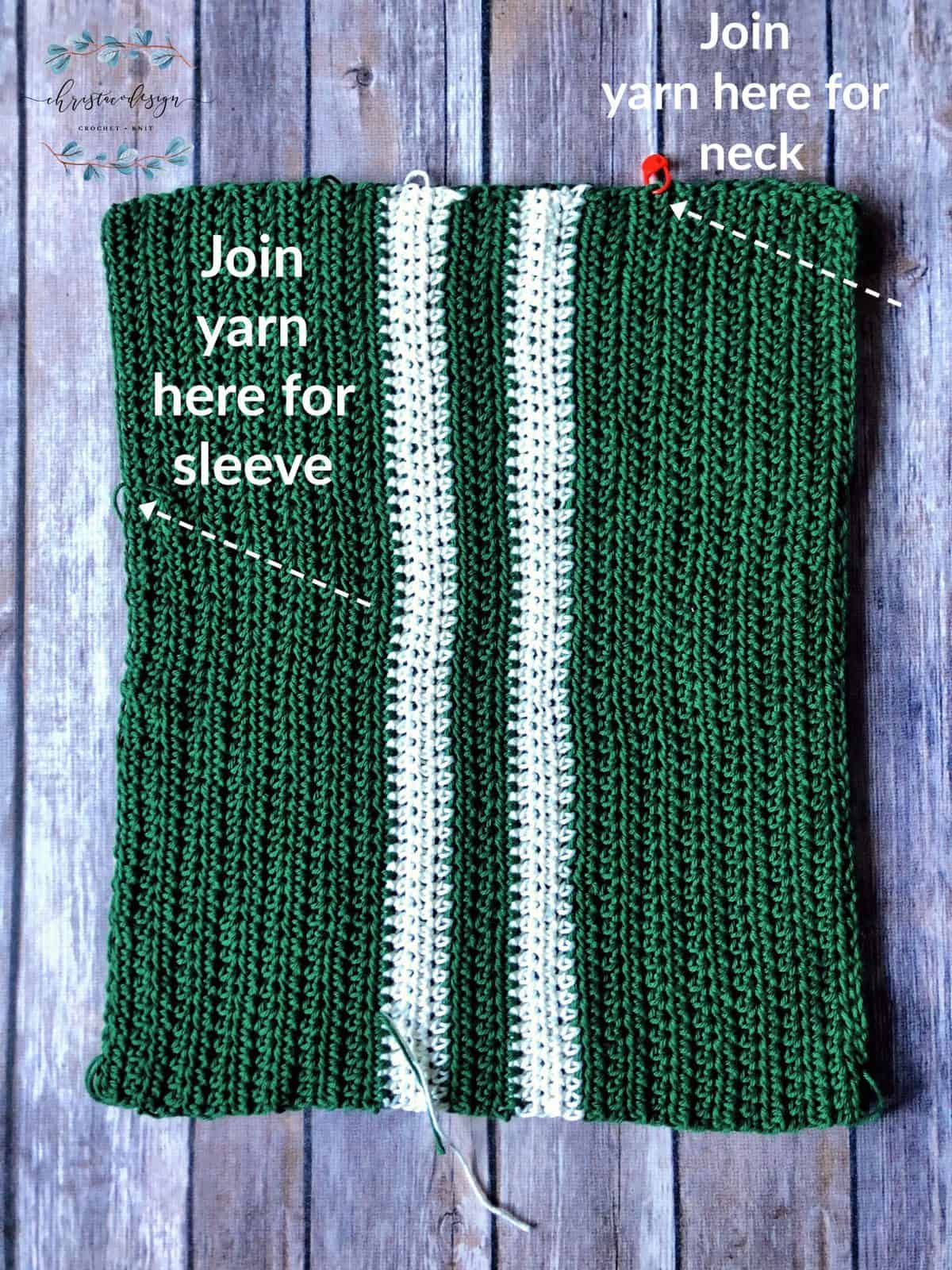 Green Crochet panels with white racing stripes and text labels for joining sleeve and neck.