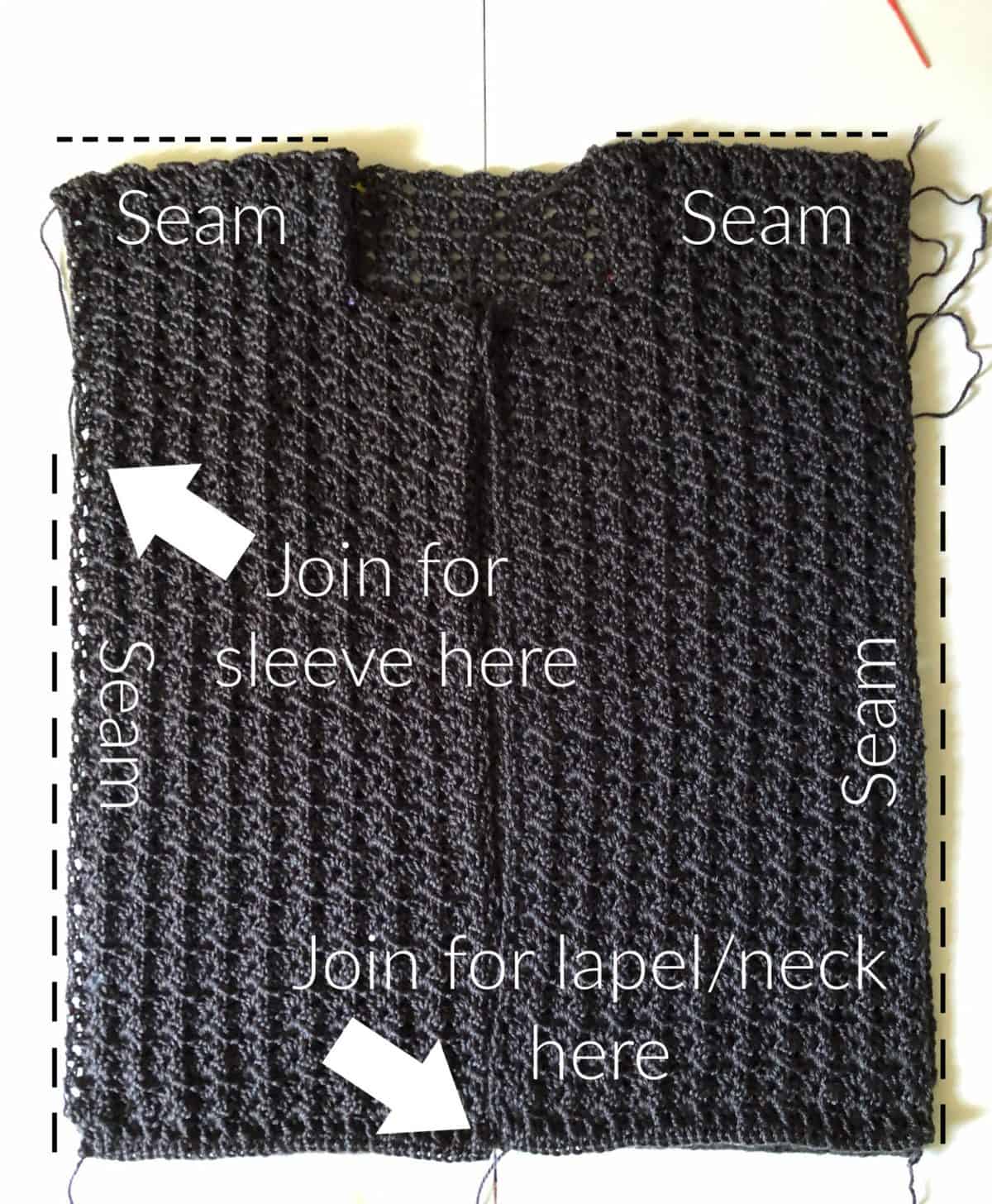 Short sleeve cardigan crochet pattern with seam lines.