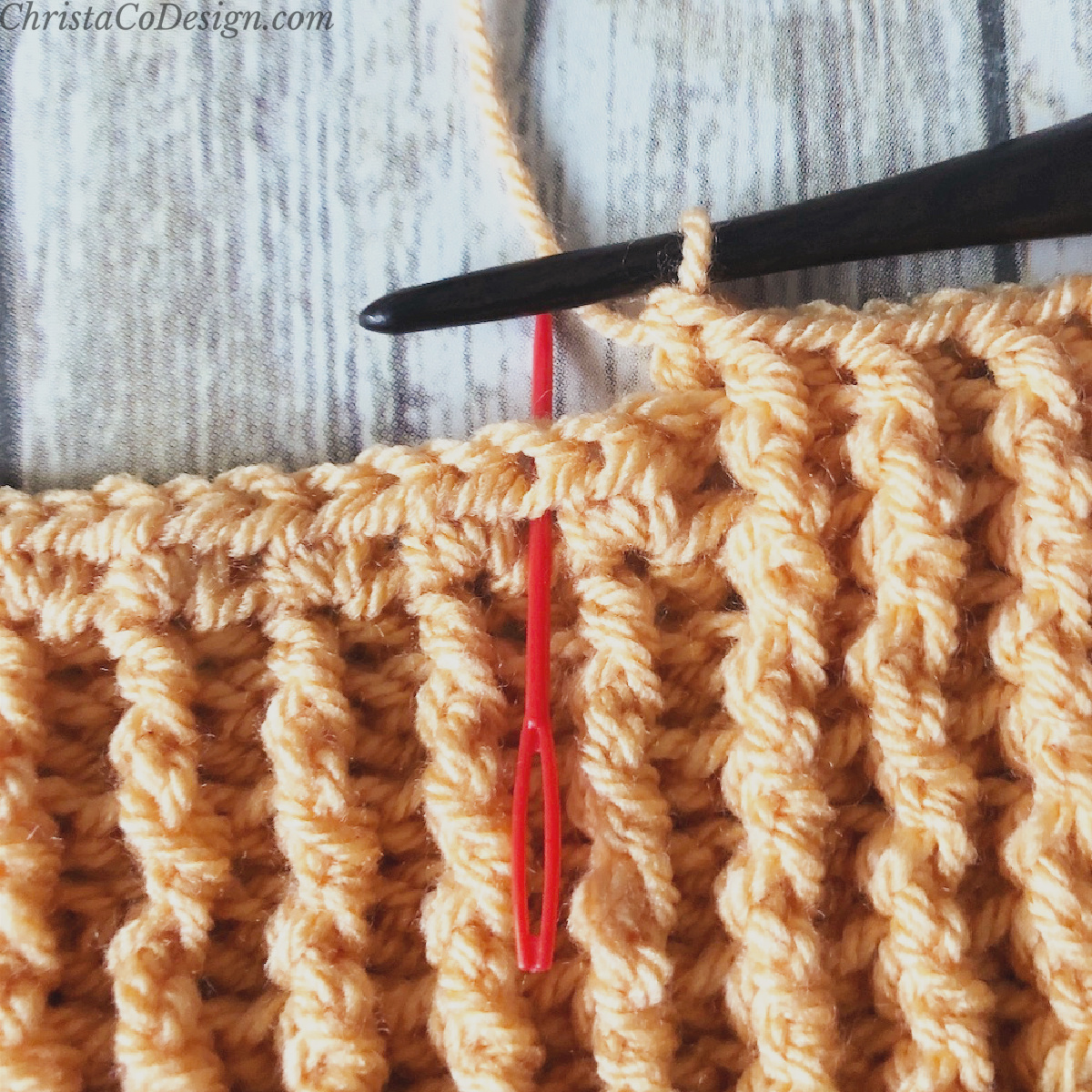 Red yarn needle indicating stitch placement.