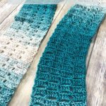 pin image of teal scarf with free crochet pattern text