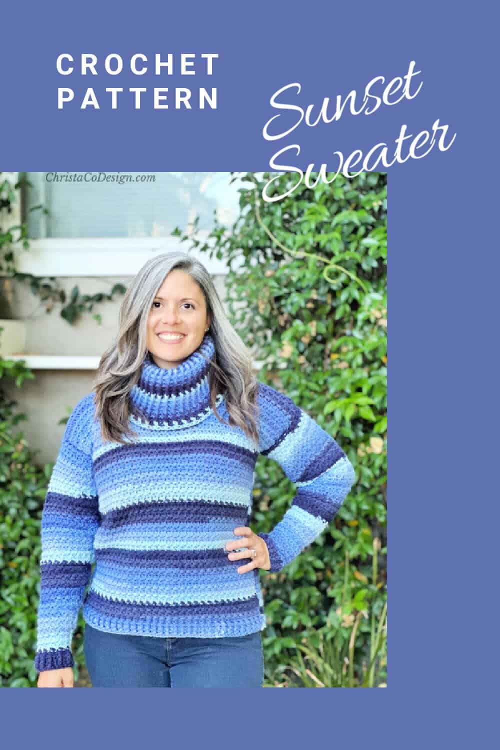 Pin image of woman in blue striped cowl neck crochet sweater with text.