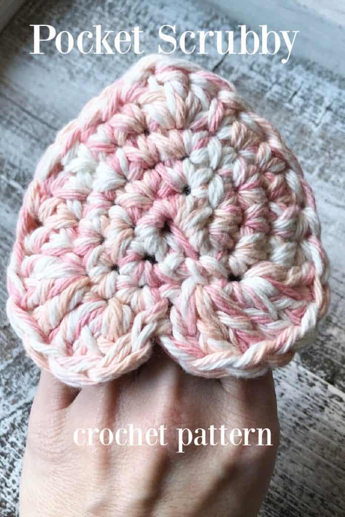 Pink variegated yarn heart crochet scrubby pattern.