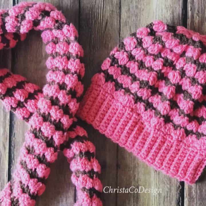 Pink and brown twin cluster stitch on crochet hat and scarf crochet patterns.