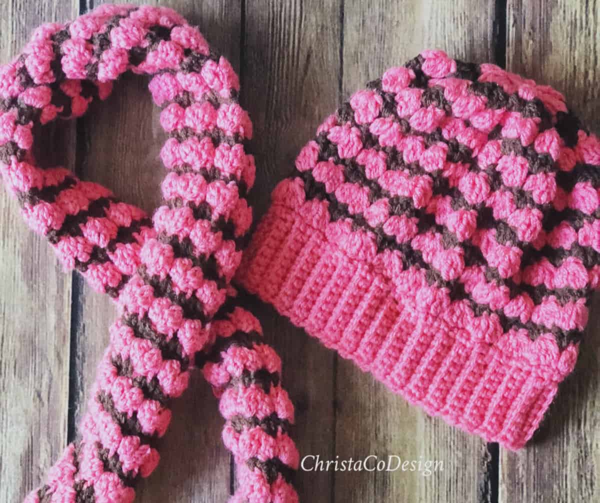 picture of pink and brown hat scarf crochet patterns free