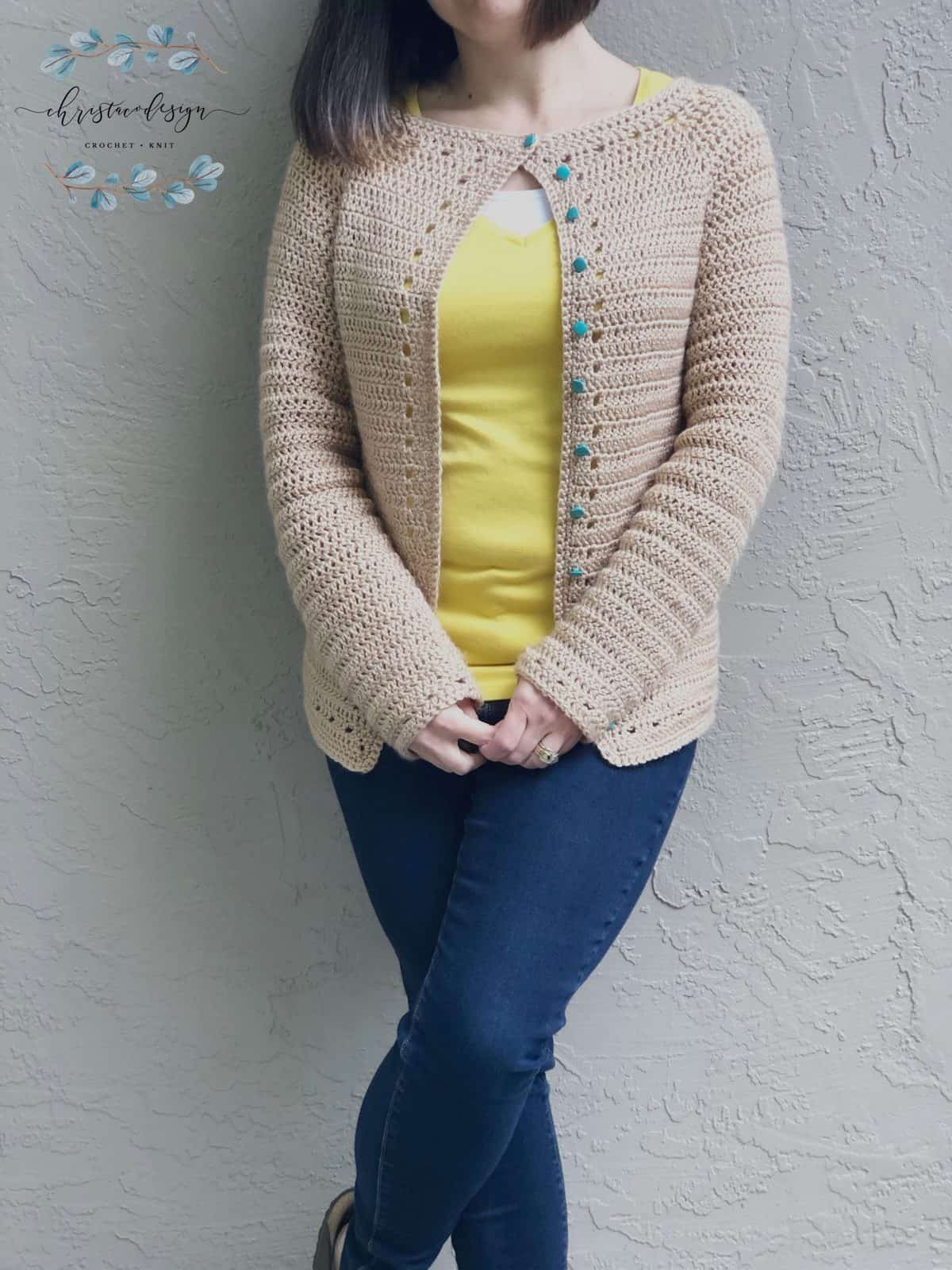 picture of woman in open front crochet cardigan