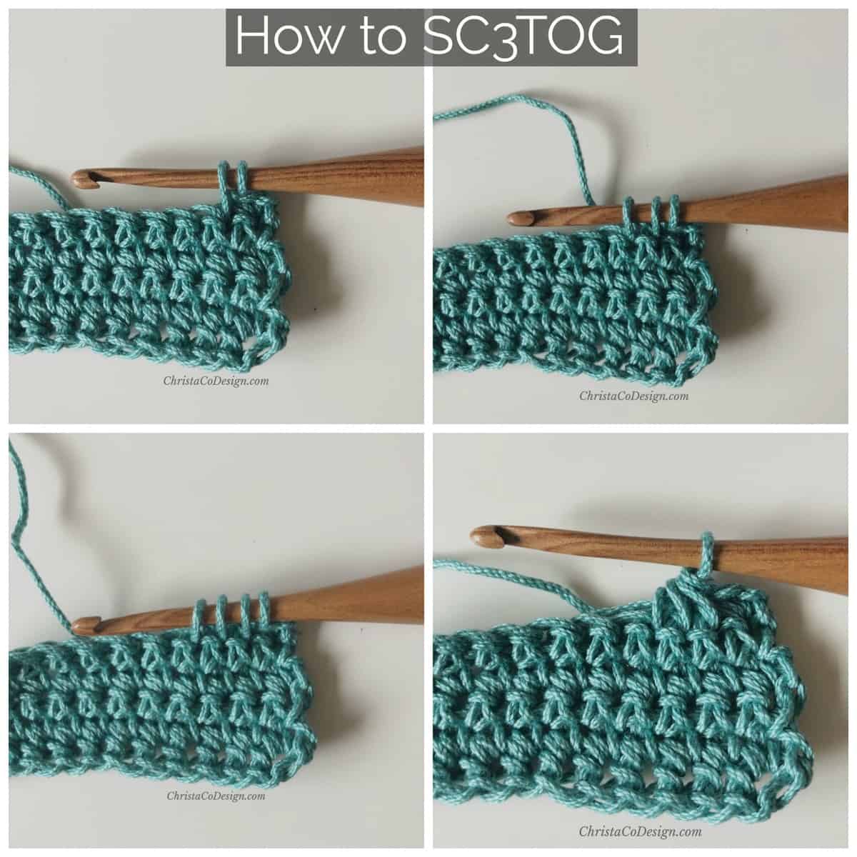 picture with text How to SC3tog crochet tutorial 4 step by step pictures