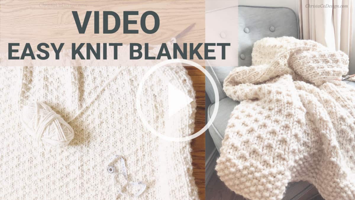 Images with text video easy knit blanket on chair.