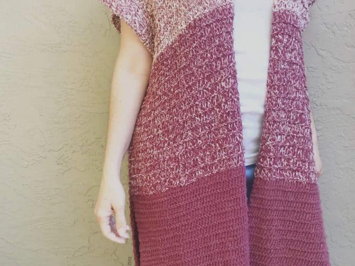 picture of woman in maroon ombre long knit cardigan