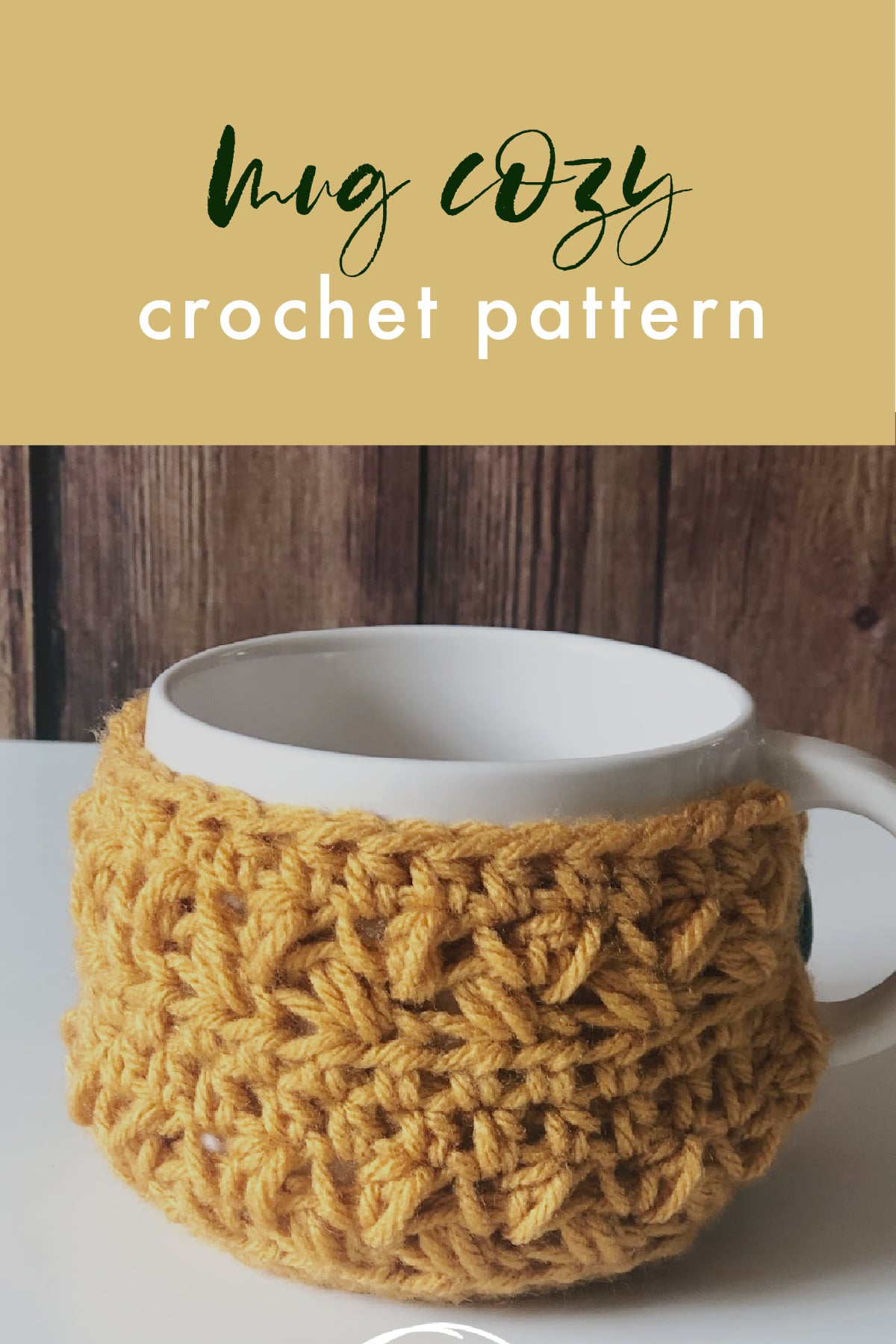 Pin image with text of gold mug cozy.