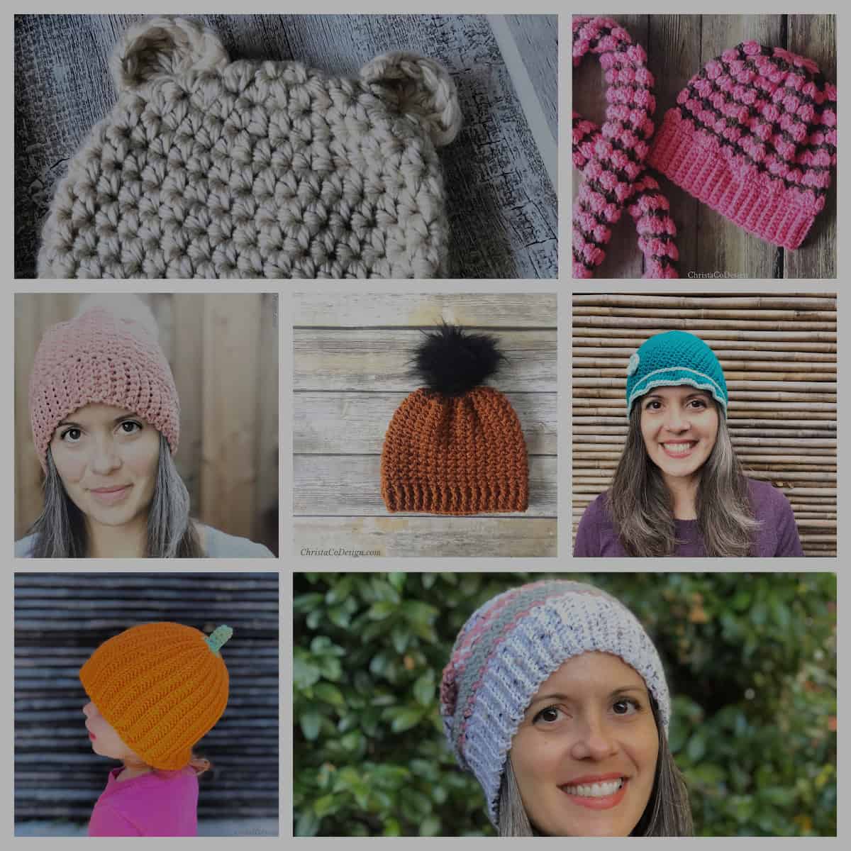 Collage image of 7 different crochet hat patterns.