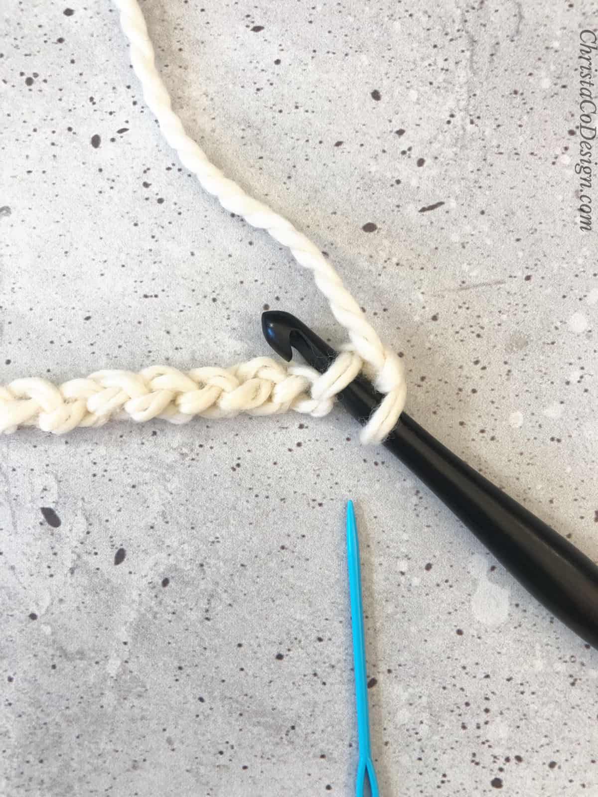 picture of hook inserted in second ch sc tutorial