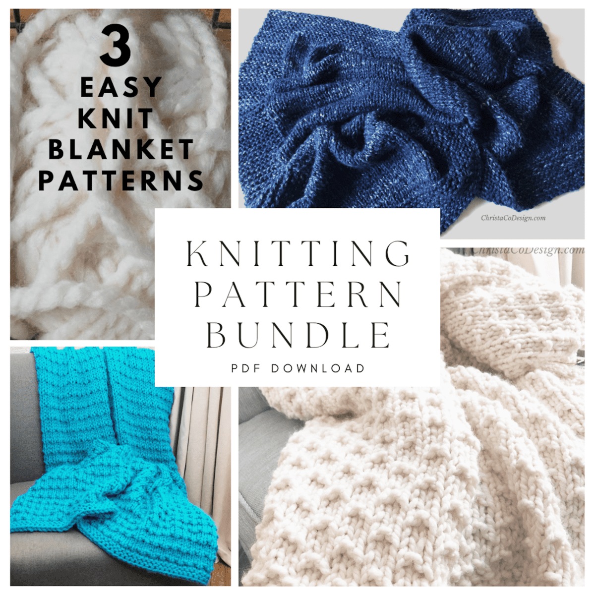Collage of white, navy and turquoise blankets with text of 3 easy knit blanket pattern bundle.