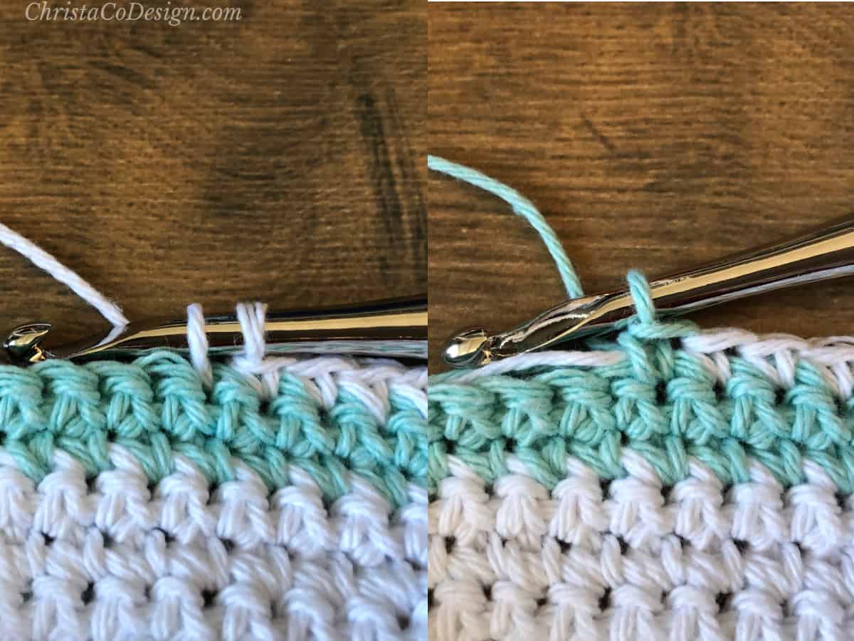 Two side by side crochet swatches with color changes in white and aqua.
