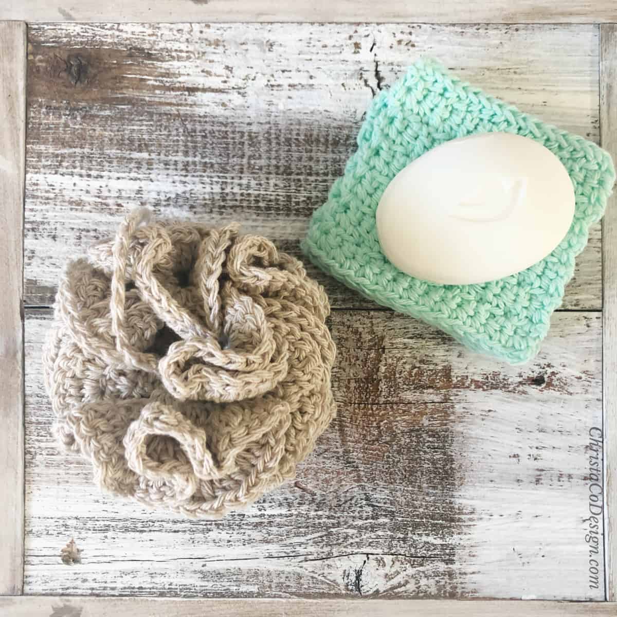 Crochet loofah and face scrubbies with bar soap.