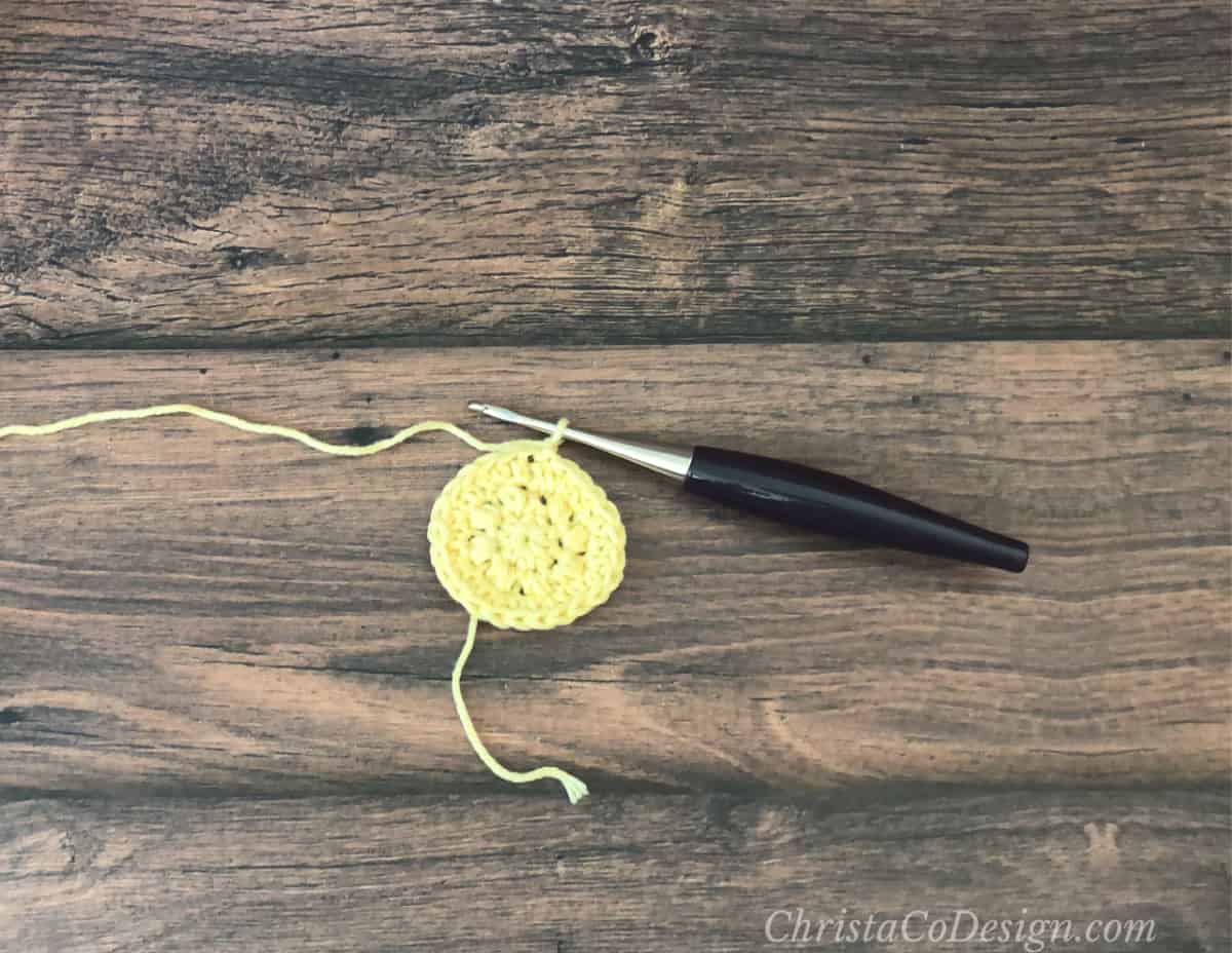 First few rounds on the hook for crochet kitchen scrubby pattern with tutorial.