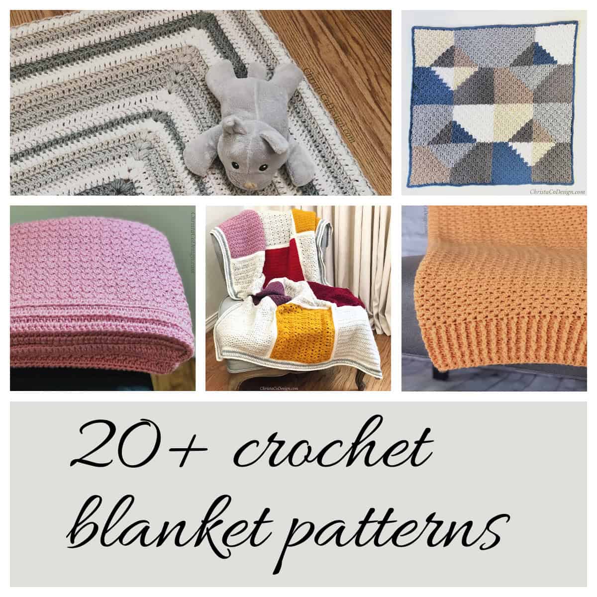 Collage image of different crochet blankets with text.