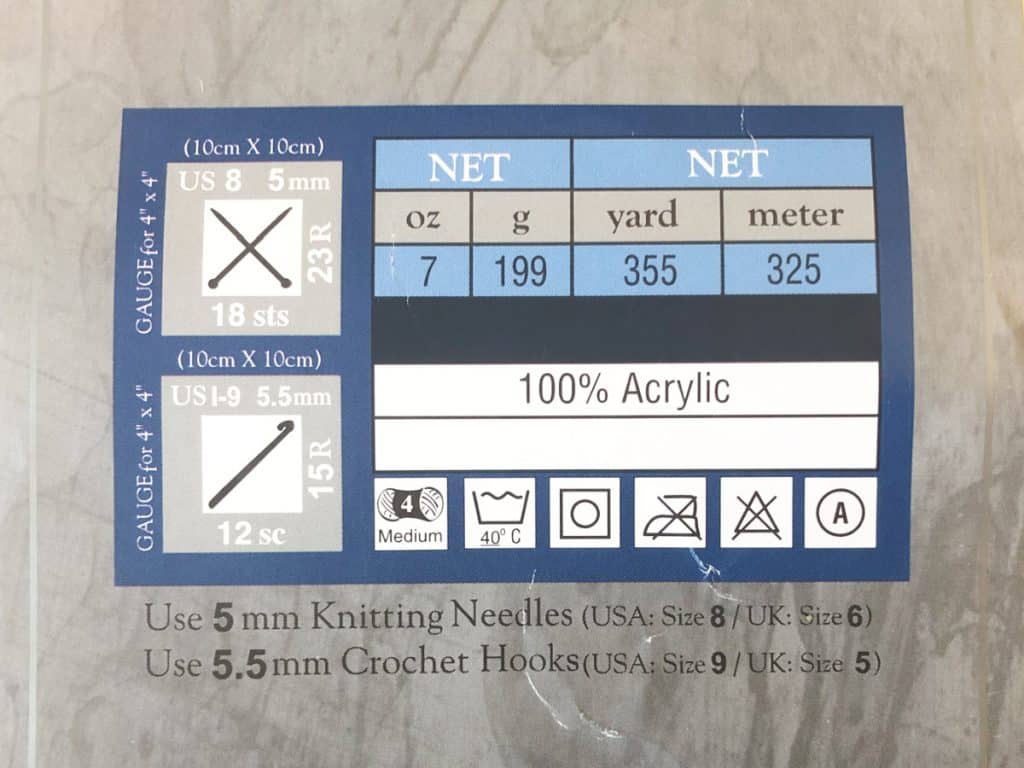 Yarn label with crochet gauge information.