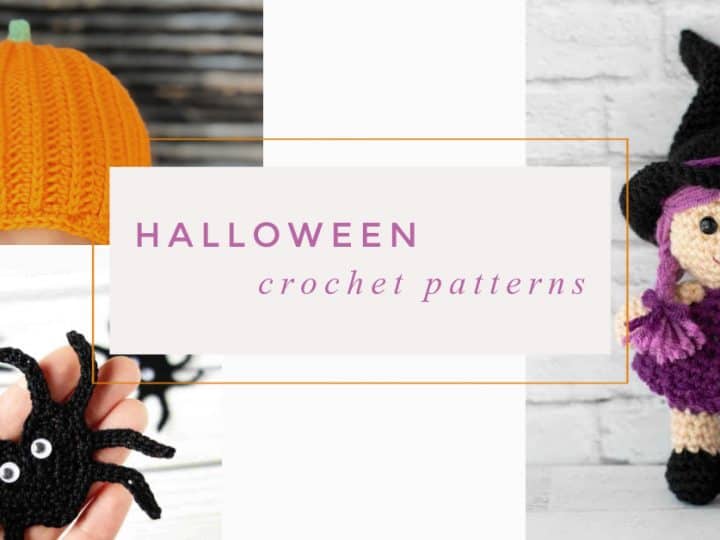 Collage of crochet patterns for halloween-pumpkin hat, spider and witch.