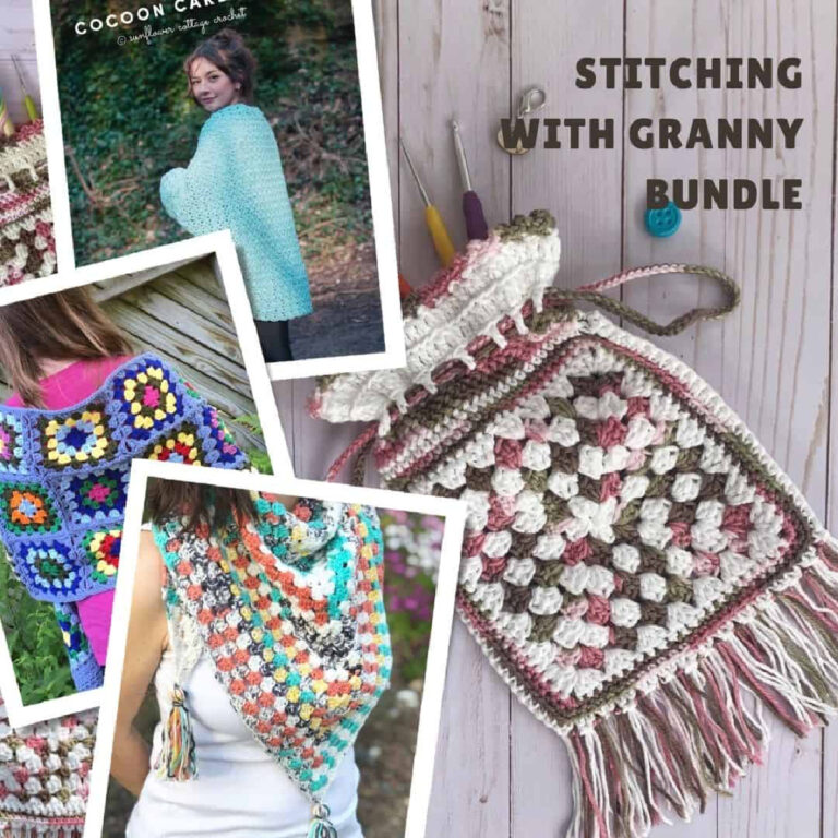 Collage of scarf, bag and shawl granny patterns.