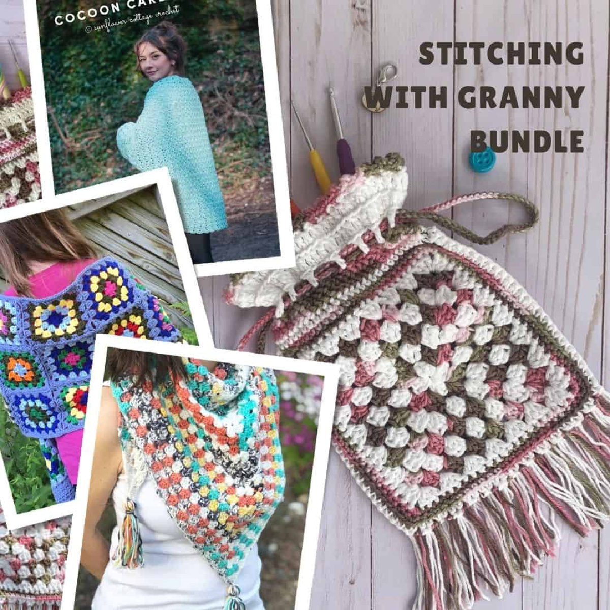 Collage of scarf, bag and shawl granny patterns.