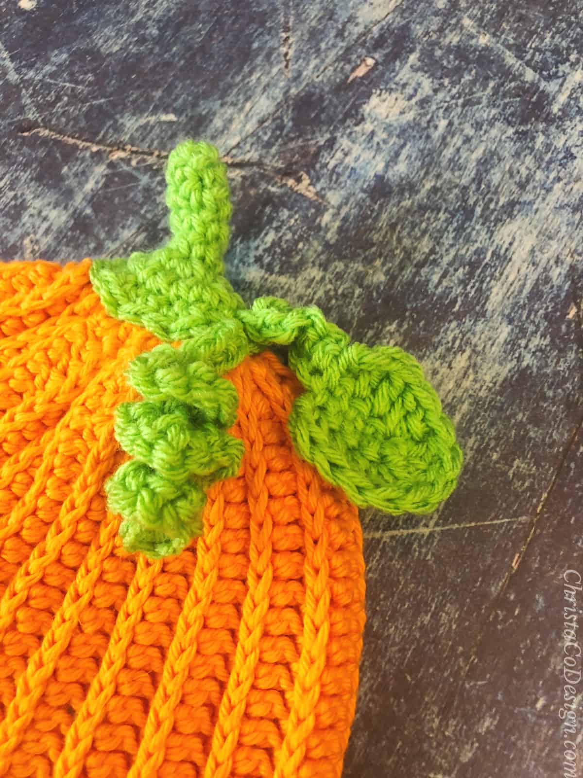 Close up of crochet hat topped with green stem, leaf and vine.