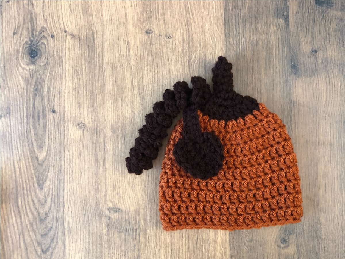 Crochet pumpkin beanie in rust and brown with stem, leaf and vine.