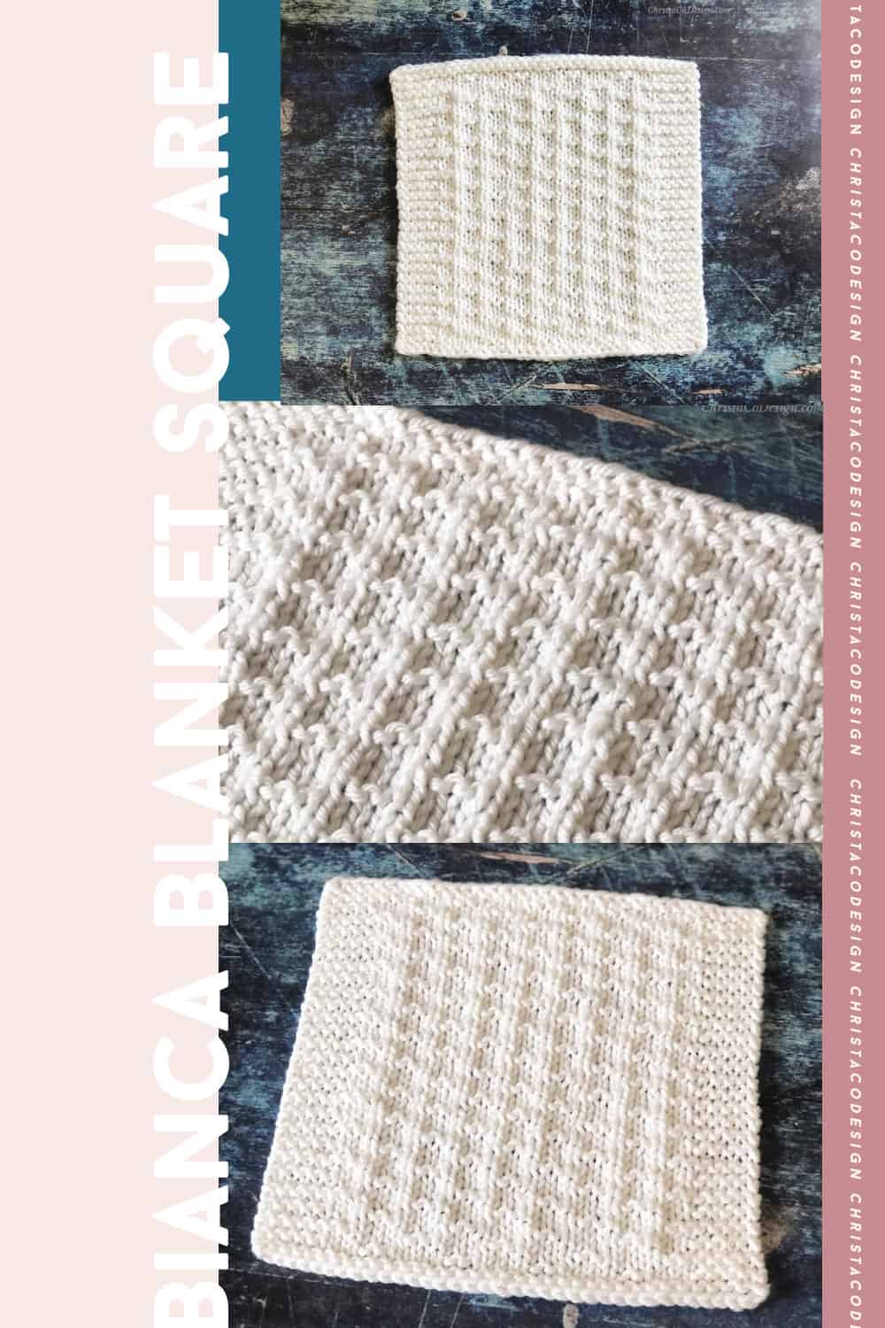 Three pictures of a white texture knit blanket square stacked.