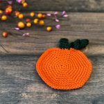 Crochet pumpkin coaster next to pink and orange branch.