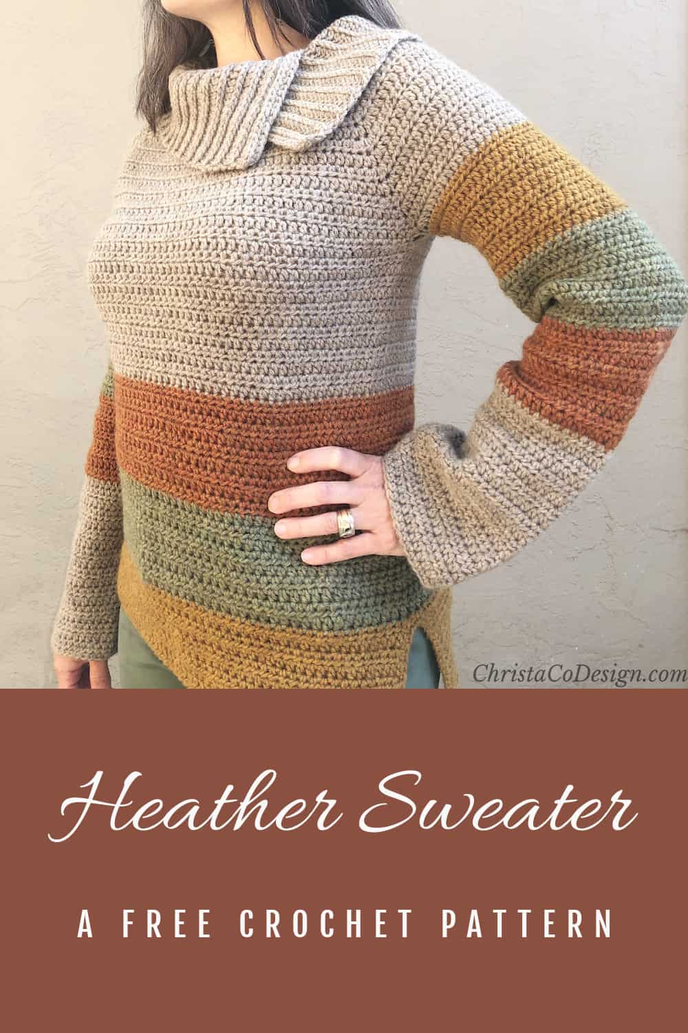 Pin image with text Heather Sweater a free crochet pattern picture of woman in striped sweater with cowl neck.