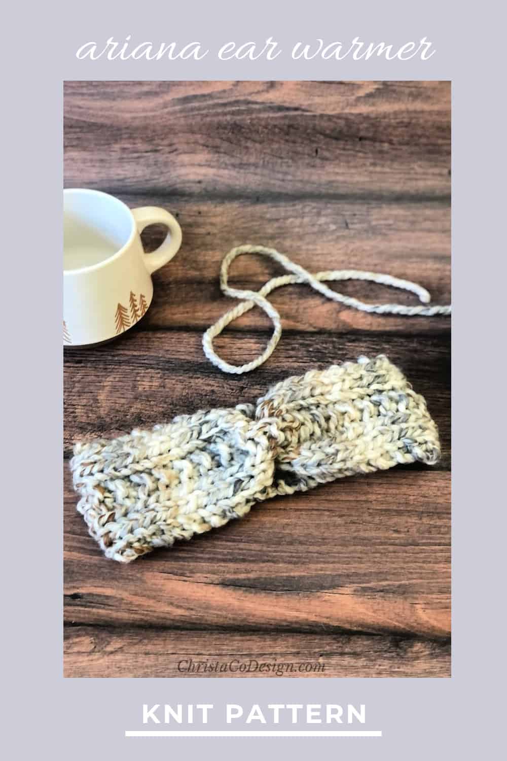 Pin image knit ear warmer in beige chunky yarn on table.